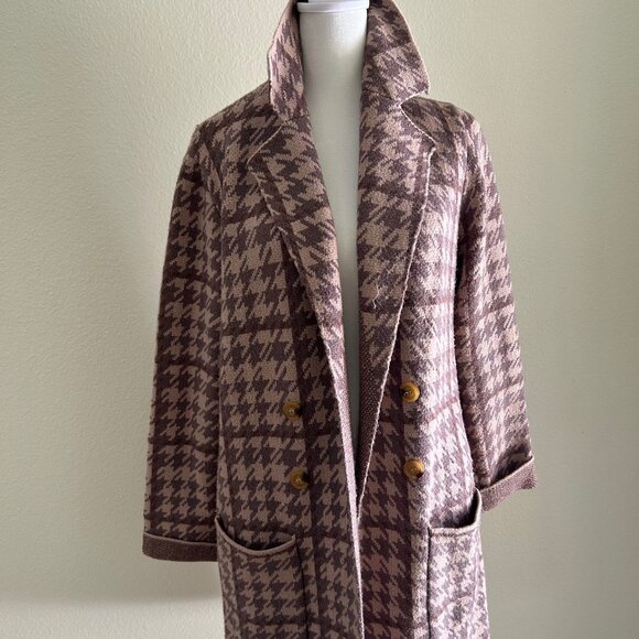Rielle Trench Cardigan Women’s SZM Houndstooth Brown Coco Classic Knit Button - Picture 1 of 13